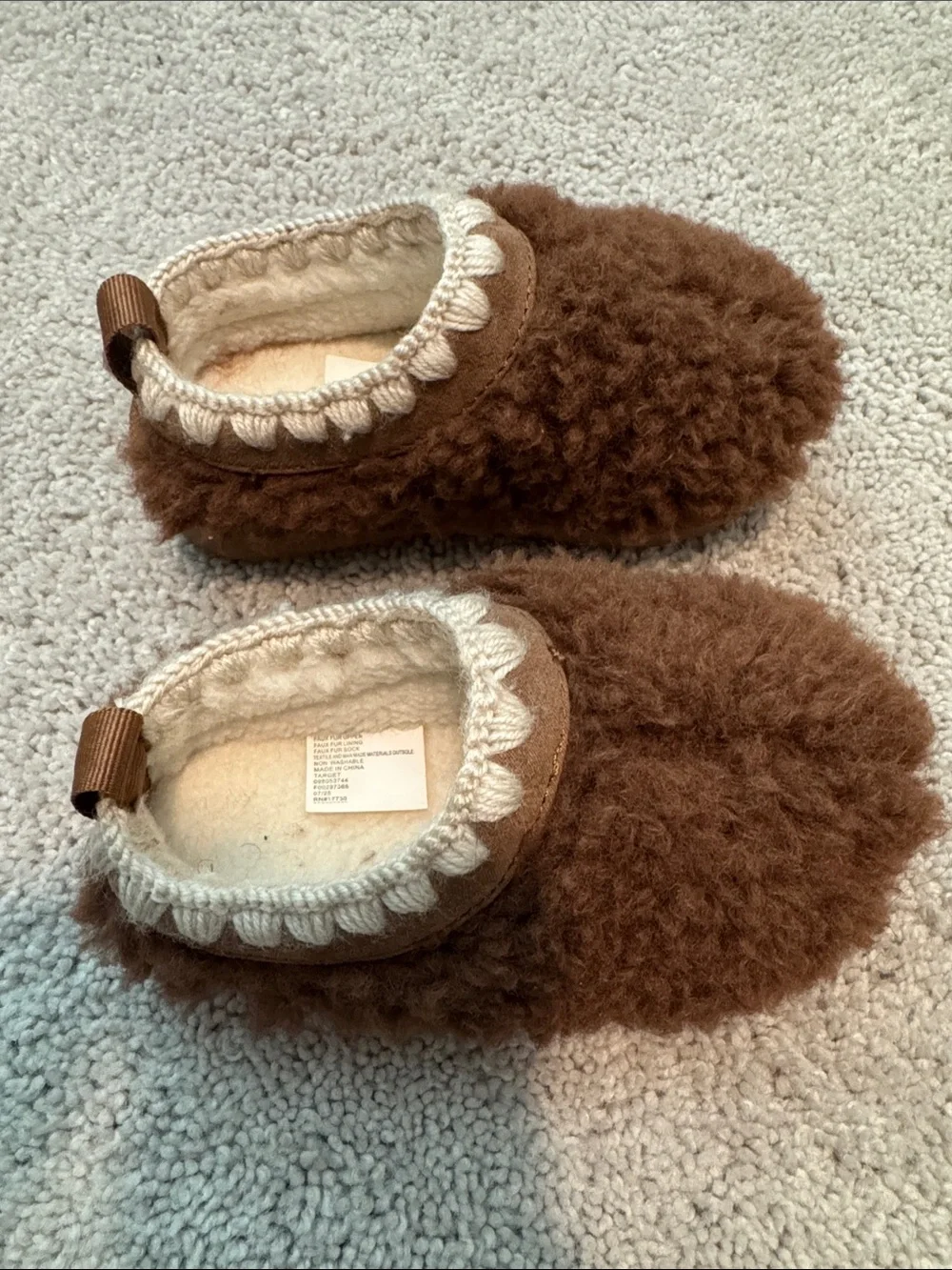 Target Brown Fuzzy Slip-On Kids Slippers with Cream Trim